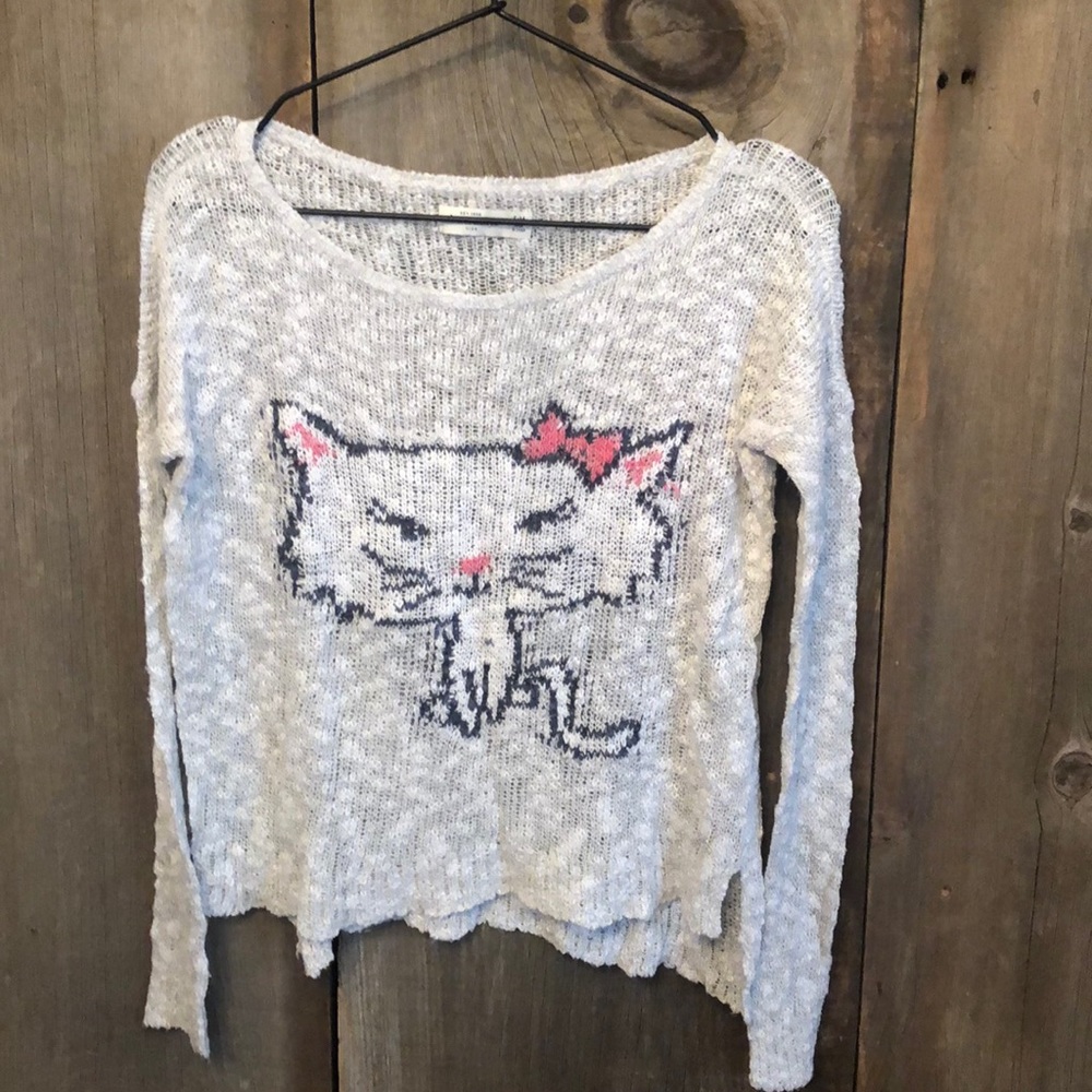 Abercrombie Kids Gray Wide Neck Graphic Cat Sweater Size S/M
